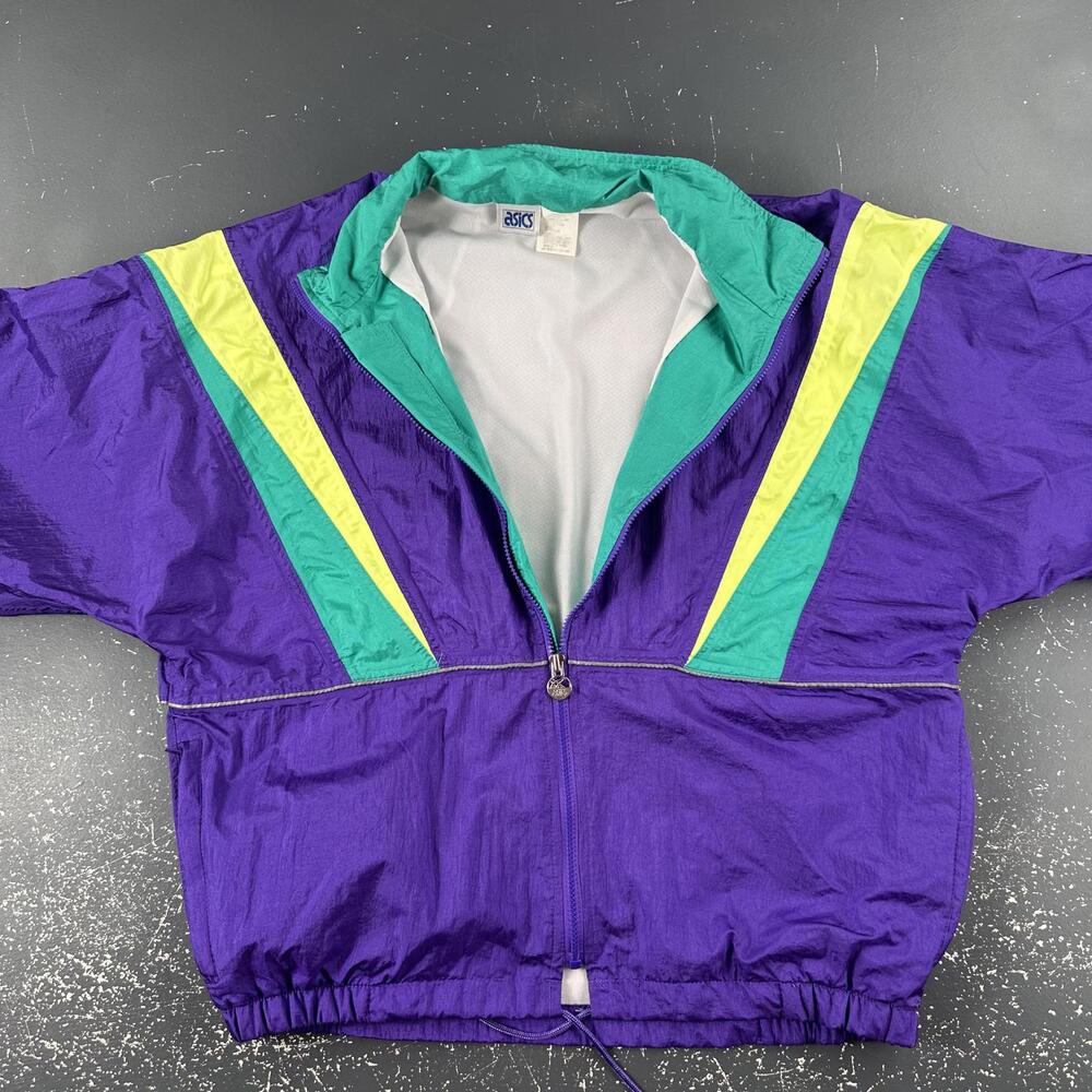 VTG Asics Tennis Jacket Womens Large Purple Teal Preppy Track Wind Anorak 80's - Picture 3 of 7
